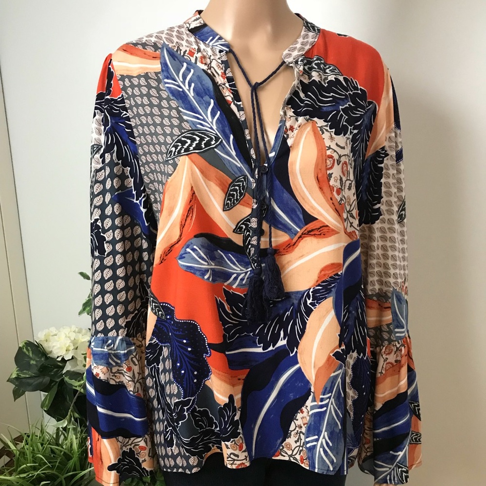 Jaase Tunic Boho Blouse Top Blue and Orange